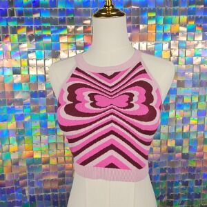 Witty Fox Young Contemporary Pink Purple Swirl Heart‎ Halter Crop Knit Top